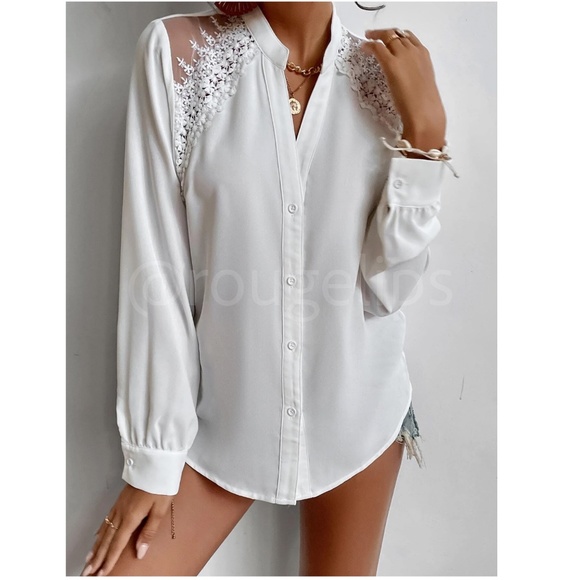 Lace Mesh Embroidery Detail White Button Up Shirt Blouse Long Bishop Sleeve - Picture 5 of 9